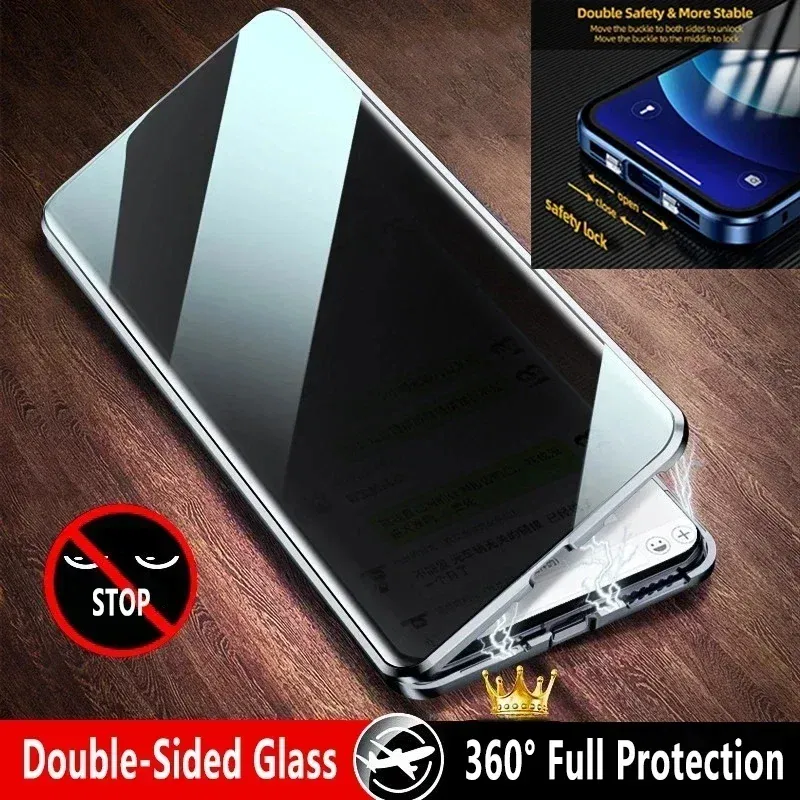 Color: green, Material: CANVAS - Double-Sided Privacy Magnetic Case For iPhone 16 12 13 14 15 11 Pro Max 14 Plus 16 Plus Anti Peeping Full Cover Metal Frame Case