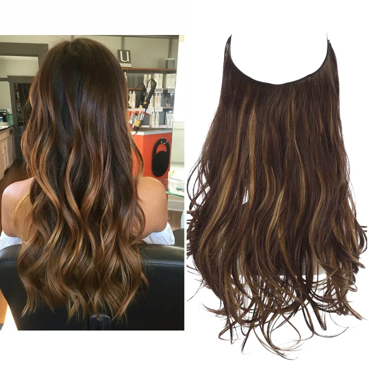 Color: T4/27/30, Stretched Length: 16inches - Synthetic No Clip Wave Hair Extensions Ombre Natural Black Blonde Pink One Piece False Hairpiece Fish Line Fake Hair Piece
