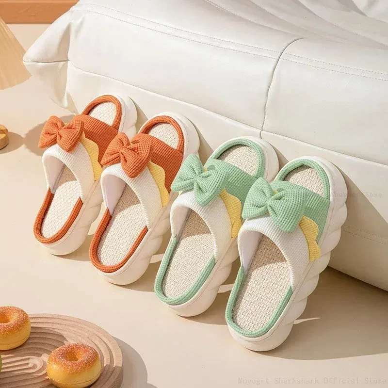Color: Straw, Shoe Size: 36 - Linen Slippers Women Indoor Slippers Comzy Anti-Slip House Cotton Shoes Cute Bowknot Flat Slipper Couples Slides Spring Summer