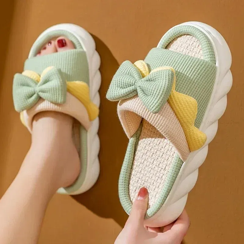 Color: Straw, Shoe Size: 36 - Linen Slippers Women Indoor Slippers Comzy Anti-Slip House Cotton Shoes Cute Bowknot Flat Slipper Couples Slides Spring Summer