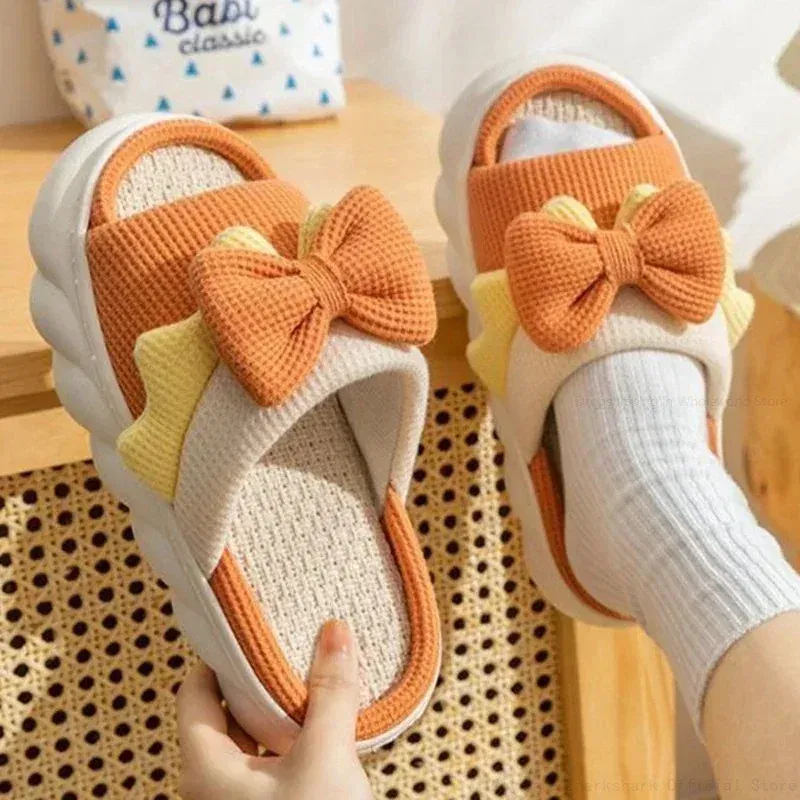 Color: Straw, Shoe Size: 36 - Linen Slippers Women Indoor Slippers Comzy Anti-Slip House Cotton Shoes Cute Bowknot Flat Slipper Couples Slides Spring Summer