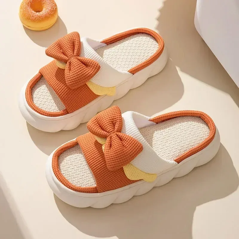 Color: Straw, Shoe Size: 36 - Linen Slippers Women Indoor Slippers Comzy Anti-Slip House Cotton Shoes Cute Bowknot Flat Slipper Couples Slides Spring Summer