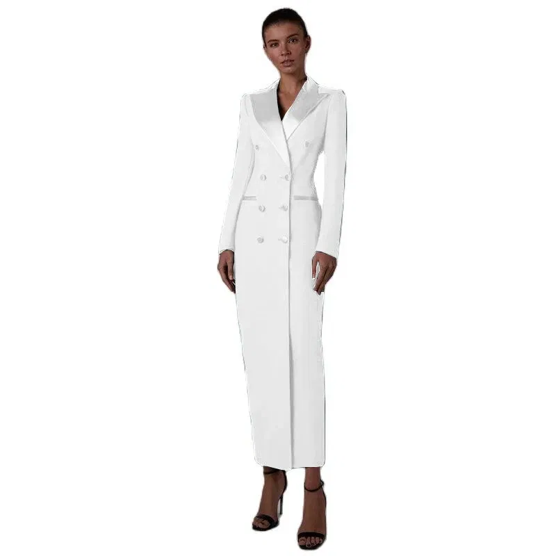 Color: WHITE, Size: S - Women's Suit Long Jacket One Piece Blazer Double Breasted Formal Tuxedo Party Dress кос?‚юм ?¶?µнский