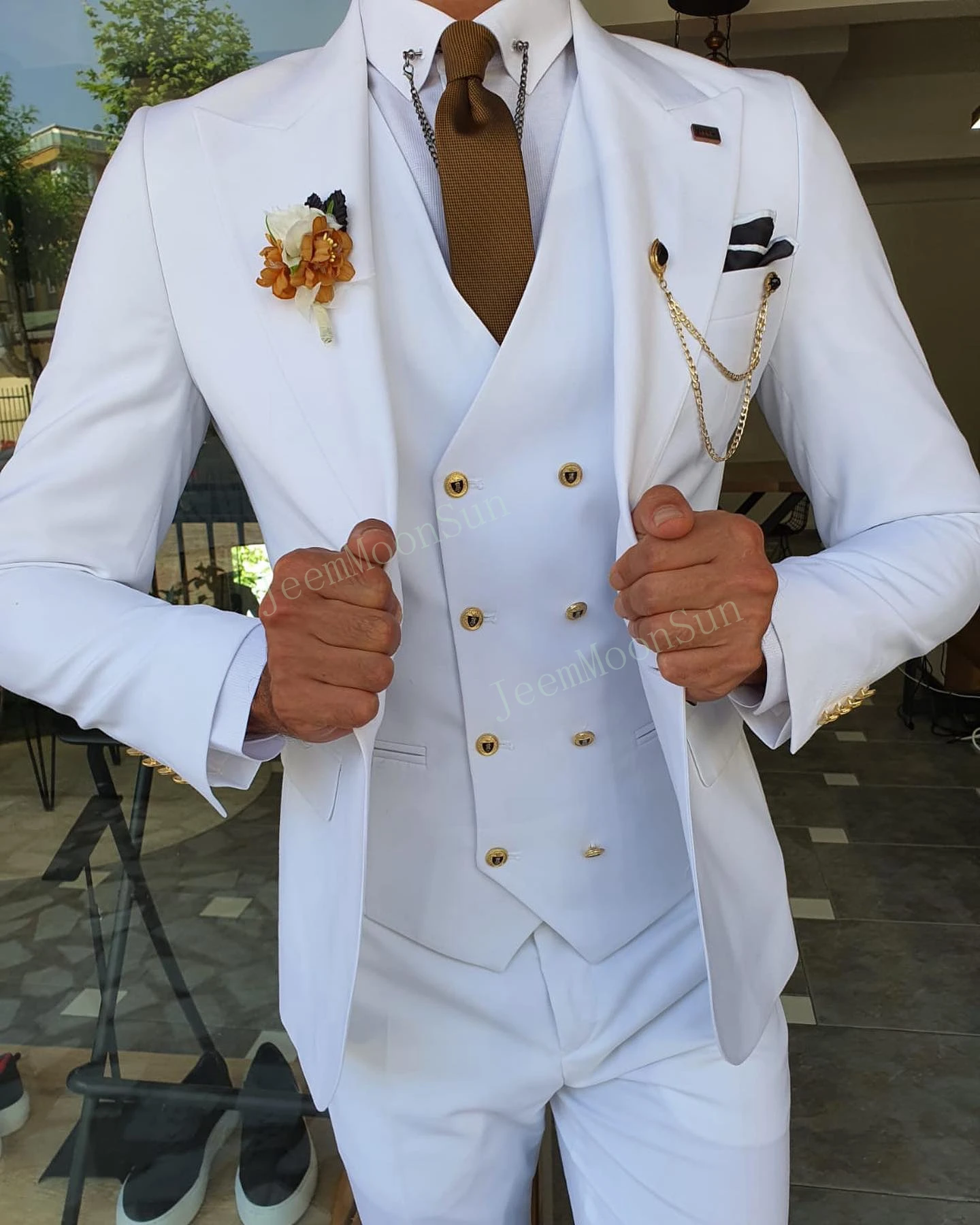 Color: Khaki, Size: M, Ships From: CHINA - 3 Pieces New White Men's Suit 2022  Peak Lapel Slim Fit Casual Tuxedos Groom Tailor Made Terno Masculino (Blazer+Pants+Vest)