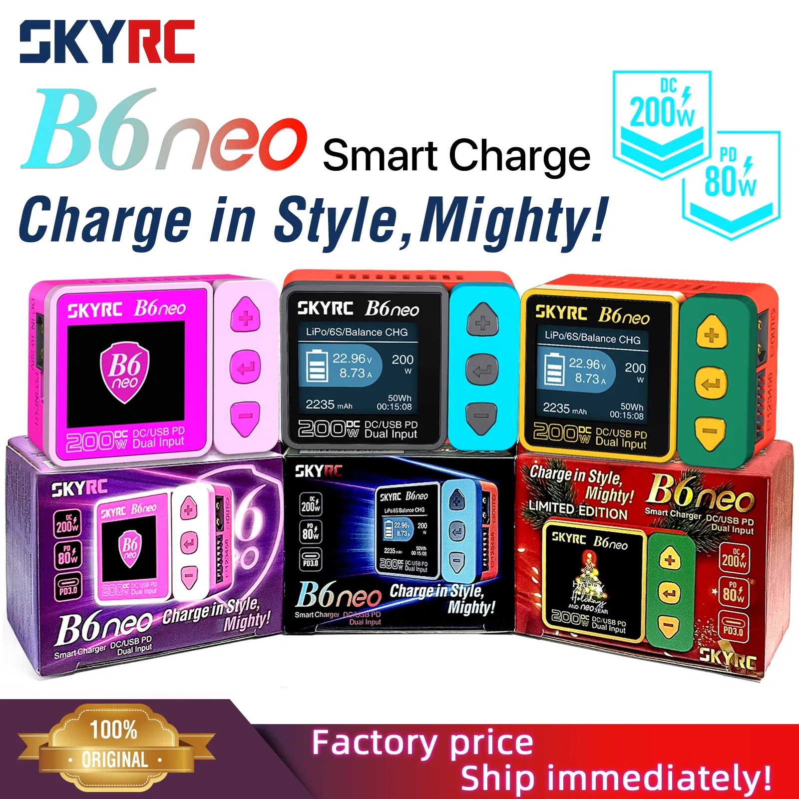 Color: Pinkish Grey, Ships From: CHINA - 2023 SkyRC B6neo Smart Charger DC 200W PD 80W Battery Balance Charger SK-100198 B6 neo Xmas tree version