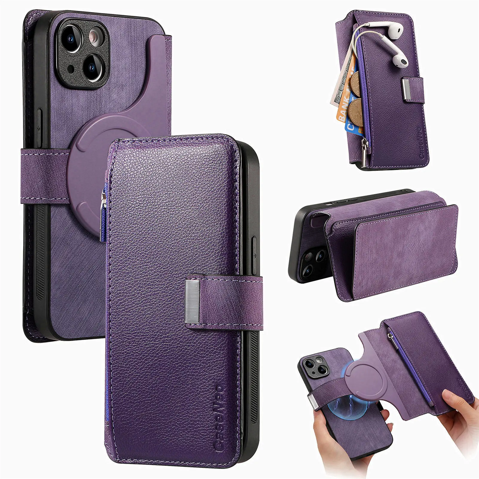 Color: BRIGHT PINK, Material: aluminum - With Magsafe Wallet Case For Xiaomi Poco X6 X5 X3 M6 M5S M4 M3 F6 F5 Pro F3 C31 Zipper Leather Multi 6 Card Slot Removable Cover