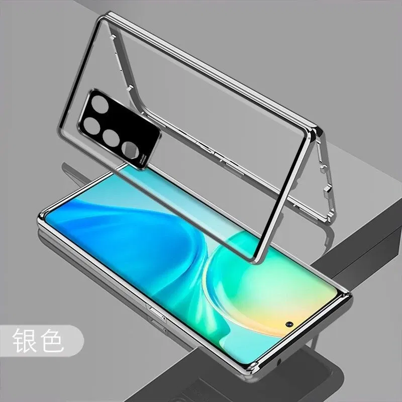 Color: Silver, Material: aluminum - 360 Full Case For Vivo V29 5G V27 Pro V27E V25 V23 Double Sided Magnetic Adsorption Metal Capa Tempering Glass Clear Phone Cover