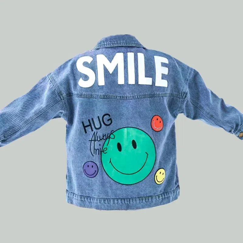 Color: Beige, Kid Size: 2T - 2022 Autumn Spring Fall Boys Casual Cartoon Denim Kids Jackets Turn-down Collar Long Sleeve Coat Girls Loose Tops for Teens