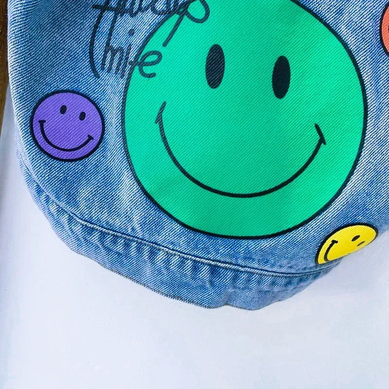 Color: Beige, Kid Size: 2T - 2022 Autumn Spring Fall Boys Casual Cartoon Denim Kids Jackets Turn-down Collar Long Sleeve Coat Girls Loose Tops for Teens