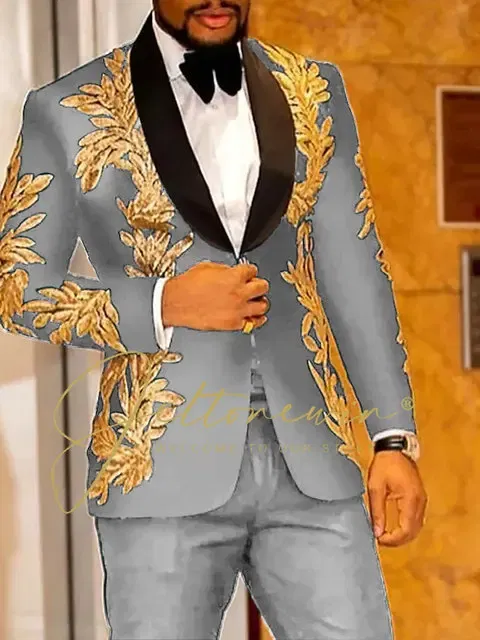 Color: GRAY, Size: L - Luxury Groom Wedding Tuxedos Gold Sequins Appliques Black Men Suits Slim Fit Costume Homme Marriage Prom Suits