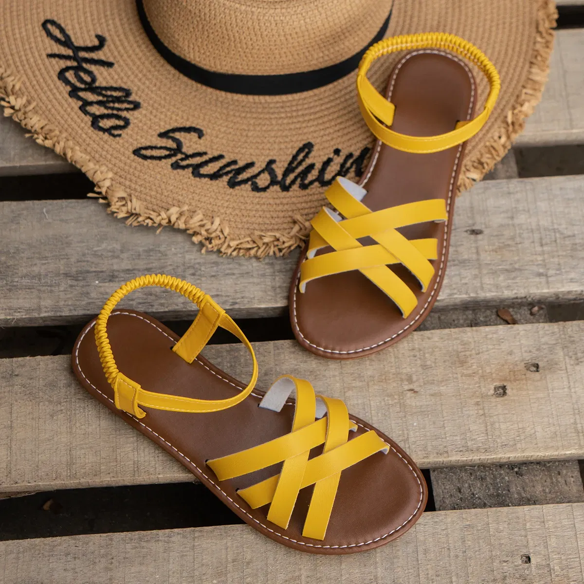 Color: Yellow, Shoe Size: 36 - Shoes for Women 2024 Summer New Women Flat Sandals Bottom Roman Strap Sandals with Non Slip Rubber Soles Ladies Daily Sandalia