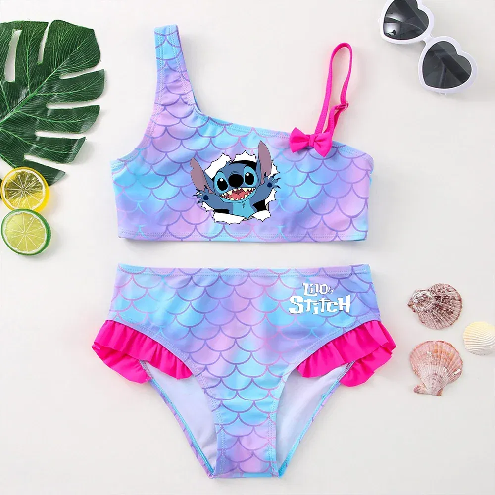 Color: army green, Size: XL - Lilo Stitch Girls Swimsuit One-Piece Bathing Suits Kids Wear Fashion Mermaid Fish Children's Dresses Summer Swimwear Beach Suit