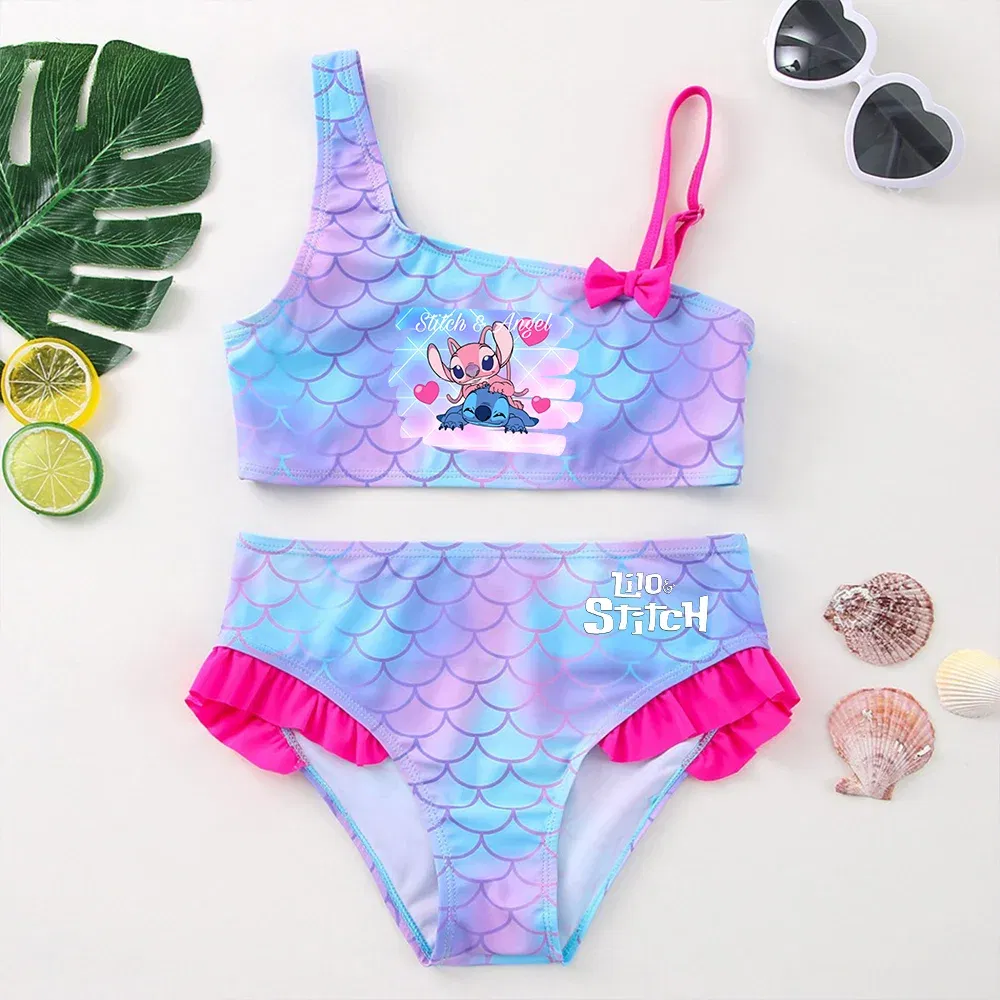 Color: army green, Size: XL - Lilo Stitch Girls Swimsuit One-Piece Bathing Suits Kids Wear Fashion Mermaid Fish Children's Dresses Summer Swimwear Beach Suit