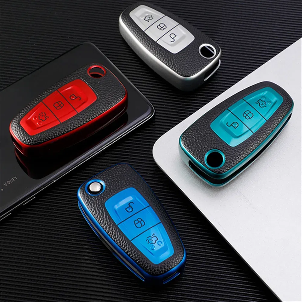 Color Name: Blue - Leather TPU Car Key Case Cover for Ford Ranger C-Max S-Max Focus Galaxy Mondeo Transit Tourneo Custom Auto Key Holder Keychain
