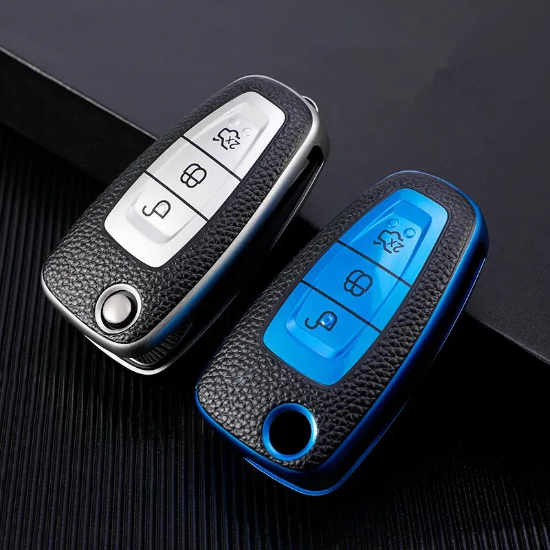 Color Name: Blue - Leather TPU Car Key Case Cover for Ford Ranger C-Max S-Max Focus Galaxy Mondeo Transit Tourneo Custom Auto Key Holder Keychain