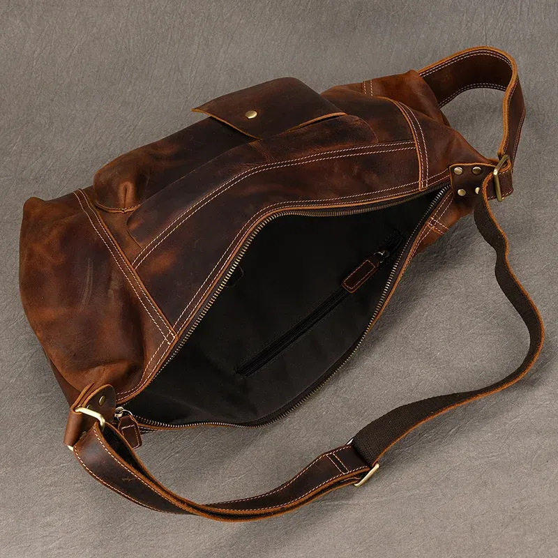 Color: Yellow - 2025 New Style Men's Leather Chest Bag Retro Single Shoulder Crossbody Bag Multi-functional Shoulder Bag For Male Travel Bagpack