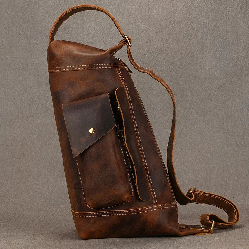 Color: Yellow - 2025 New Style Men's Leather Chest Bag Retro Single Shoulder Crossbody Bag Multi-functional Shoulder Bag For Male Travel Bagpack