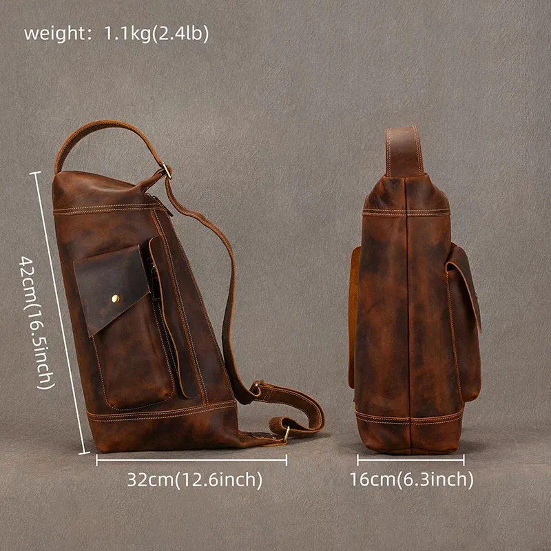 Color: Yellow - 2025 New Style Men's Leather Chest Bag Retro Single Shoulder Crossbody Bag Multi-functional Shoulder Bag For Male Travel Bagpack