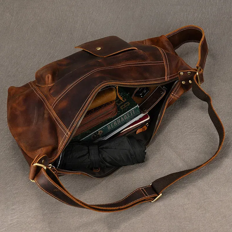 Color: Yellow - 2025 New Style Men's Leather Chest Bag Retro Single Shoulder Crossbody Bag Multi-functional Shoulder Bag For Male Travel Bagpack