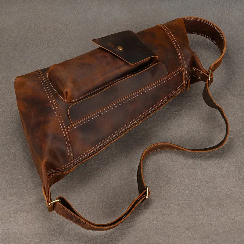 Color: Yellow - 2025 New Style Men's Leather Chest Bag Retro Single Shoulder Crossbody Bag Multi-functional Shoulder Bag For Male Travel Bagpack