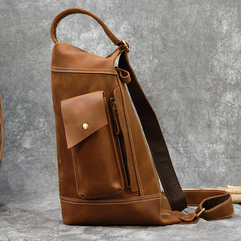 Color: Yellow - 2025 New Style Men's Leather Chest Bag Retro Single Shoulder Crossbody Bag Multi-functional Shoulder Bag For Male Travel Bagpack