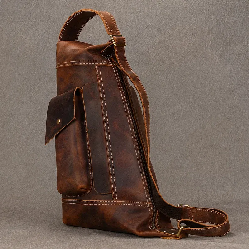 Color: Yellow - 2025 New Style Men's Leather Chest Bag Retro Single Shoulder Crossbody Bag Multi-functional Shoulder Bag For Male Travel Bagpack