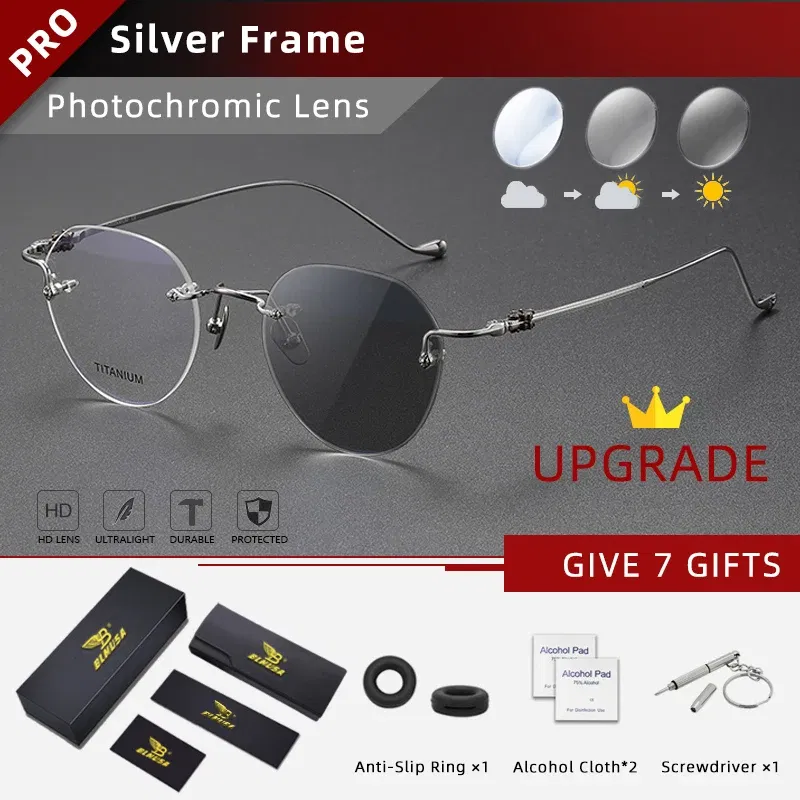 Frame Color: WHITE, Eye Prescription: +450 - BLMUSA Pure Titanium Rimless Anti-blue Light Reading Glasses for Men Round Photochromic Optical Prescription with MR-8 lens