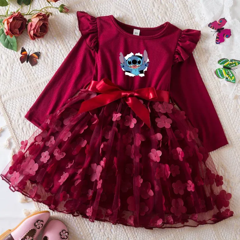 Color: Turquoise, Size: One Size, Height: 176 - Lilo Stitch Girl Baby Dresses Spring Autumn Child Long Sleeve Sweet Princess Dress Mesh Newborn Casual Dress Birthday Party 2-6Y