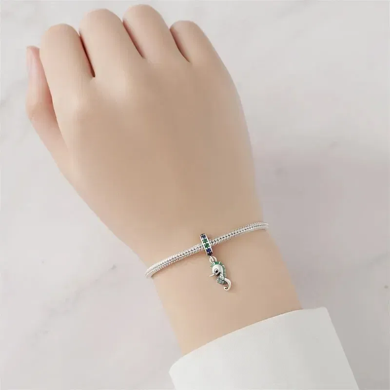 Color: Red - Fit Original Pandora Bracelet 925 Sterling Silver Seahorse Charms Beads Inlaid Zirconium Temperature Change Pendants Diy Jewelry
