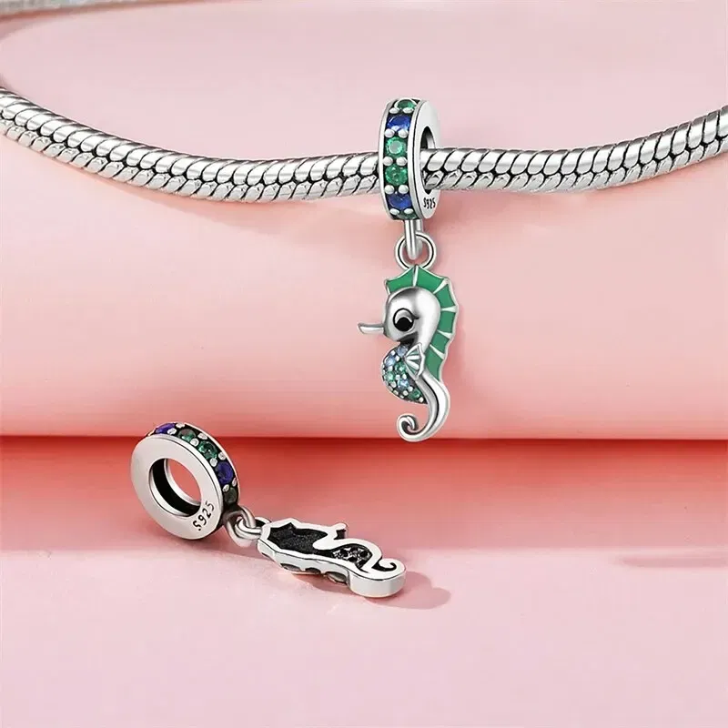 Color: Red - Fit Original Pandora Bracelet 925 Sterling Silver Seahorse Charms Beads Inlaid Zirconium Temperature Change Pendants Diy Jewelry