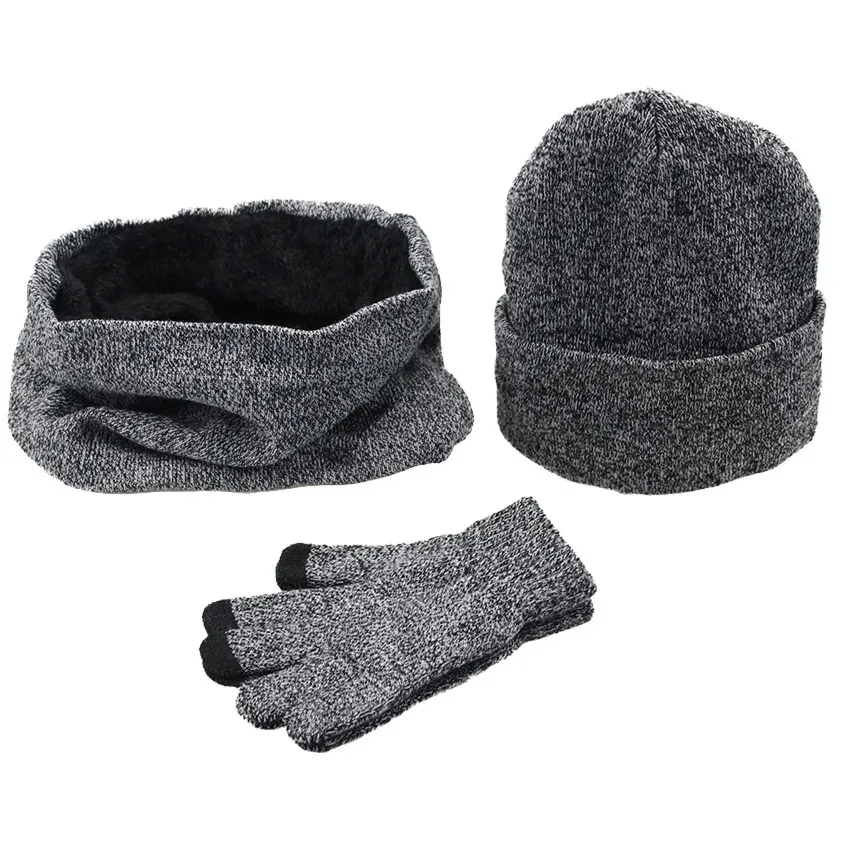 Color: GRAY, Size: One Size - 3 Pieces/Set Winter Women Hats Scarves Gloves Kit Fashion Knitted Plus Velvet Hat Scarf Set For Male Female Beanies Scarf Gloves