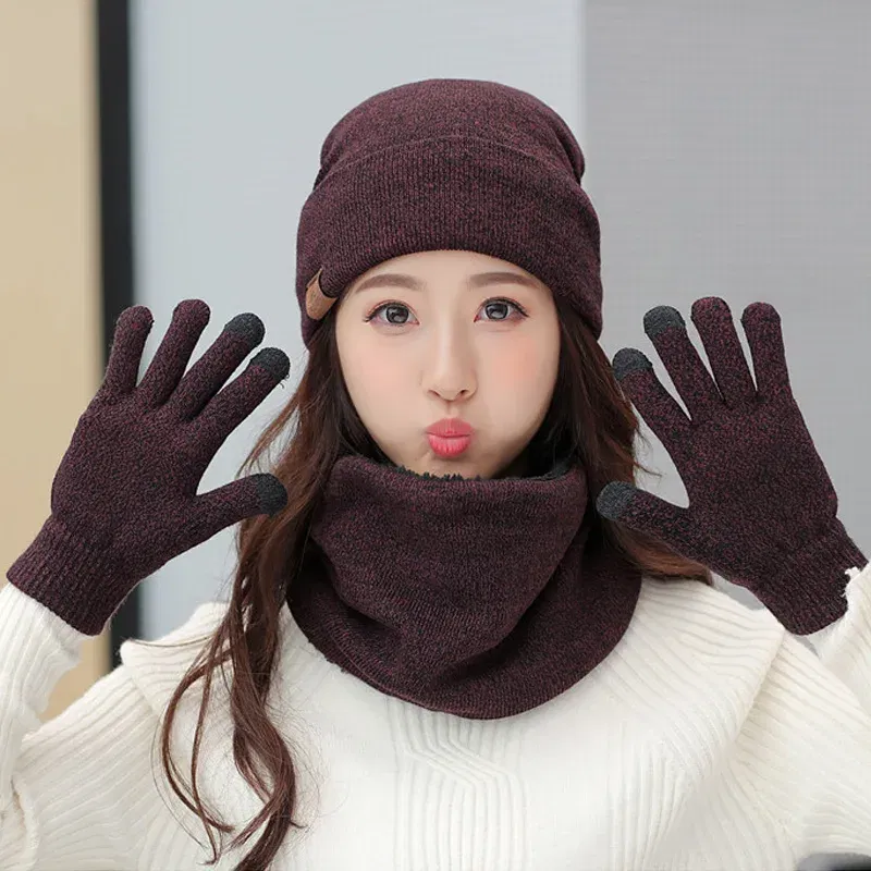 Color: GRAY, Size: One Size - 3 Pieces/Set Winter Women Hats Scarves Gloves Kit Fashion Knitted Plus Velvet Hat Scarf Set For Male Female Beanies Scarf Gloves