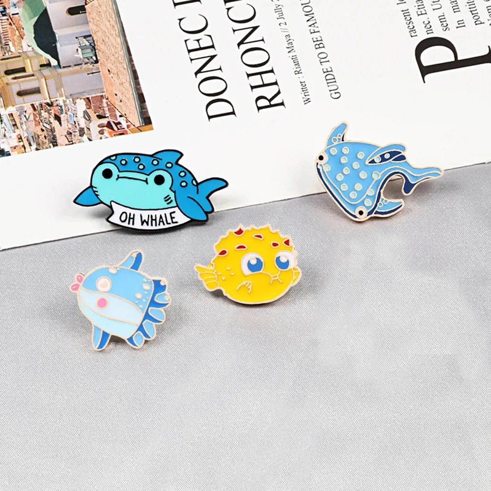 Metal color: Rhodium Plated, Ships From: CHINA - Cartoon Fish Brooches Collection Fish Koi Flag Bag Clothes Decorative Jewelry Goldfish Shark Whale Brooch Lapel Enamel Pin Badge