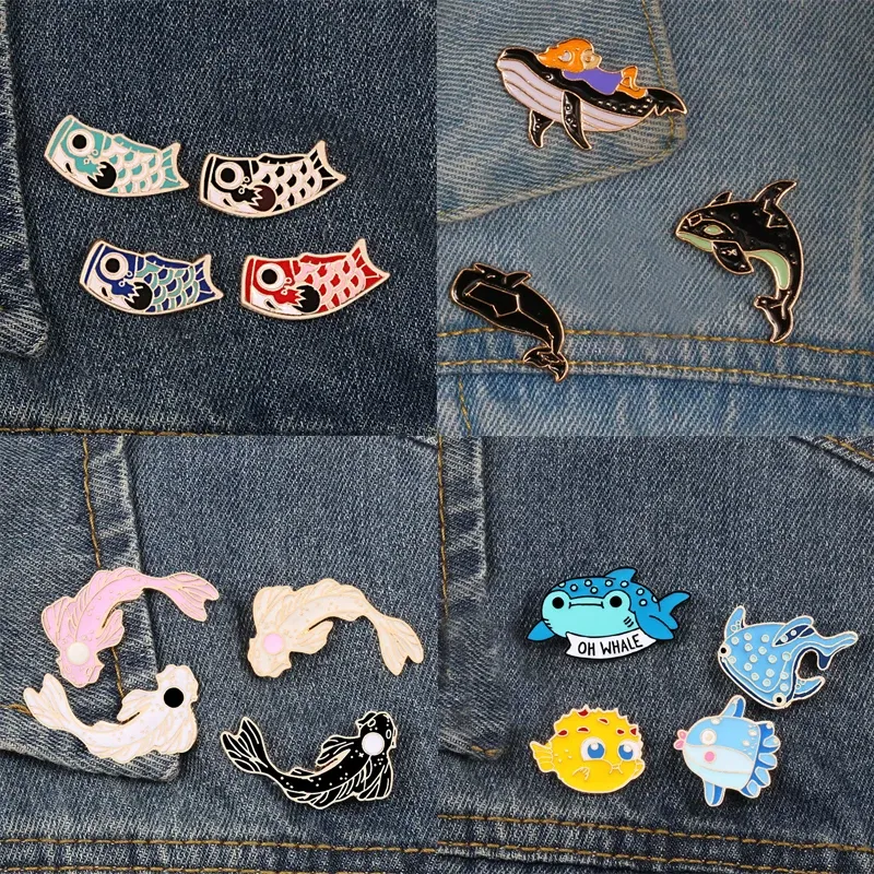Metal color: Rhodium Plated, Ships From: CHINA - Cartoon Fish Brooches Collection Fish Koi Flag Bag Clothes Decorative Jewelry Goldfish Shark Whale Brooch Lapel Enamel Pin Badge