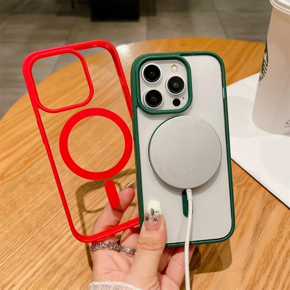 Color: Pink, Material: Plastic - Luxury Shockproof Magsafe Wireless Charge Case for iPhone 17 Air 16 15 14 Plus 13 12 Mini 11 Pro Max Clear Magnetic Bumper Cover