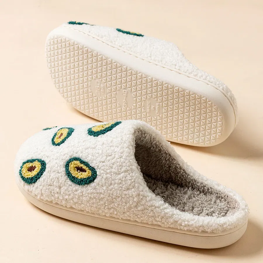 Color: Yellow, Shoe Size: 4.5 - Cute Avocado Women Slippers Winter Warm Indoor Fruit Cartoon Funny Soft Non-slip Slipper Cherry Strawberry Comfy Cotton Shoes
