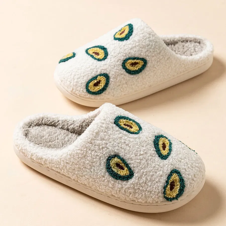 Color: Yellow, Shoe Size: 4.5 - Cute Avocado Women Slippers Winter Warm Indoor Fruit Cartoon Funny Soft Non-slip Slipper Cherry Strawberry Comfy Cotton Shoes