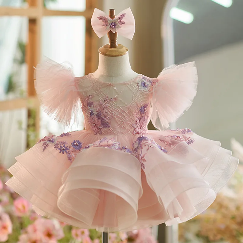 Color: Pink, Kid Size: 8T - New baby girl toddler dress birthday party dress exquisite unique girl sweet little fly sleeve cake skirt