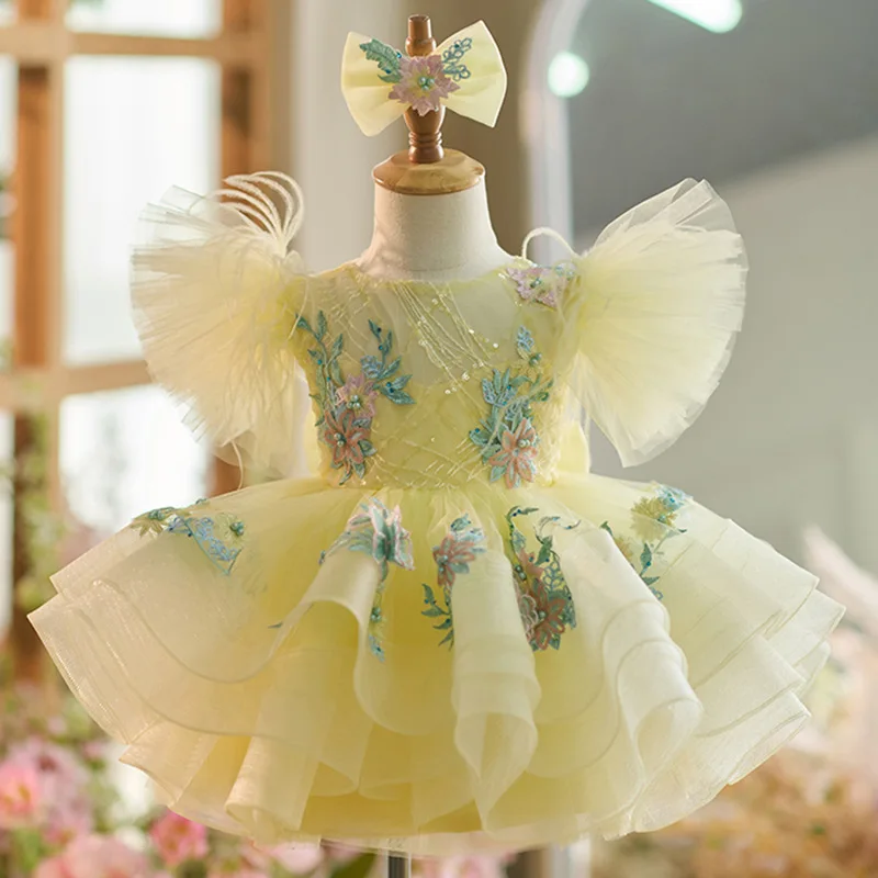 Color: Pink, Kid Size: 8T - New baby girl toddler dress birthday party dress exquisite unique girl sweet little fly sleeve cake skirt