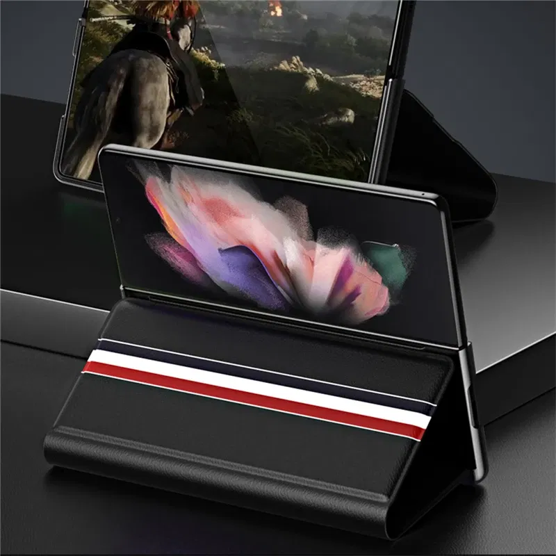 Color: Red, Material: aluminum - Leather Wallet Function Case for Samsung Galaxy Z Fold 6 5 3 2 fold6 fold5 Fold4 Fold 4 5G Fold3 Fold2 Full Protection Bag Cover