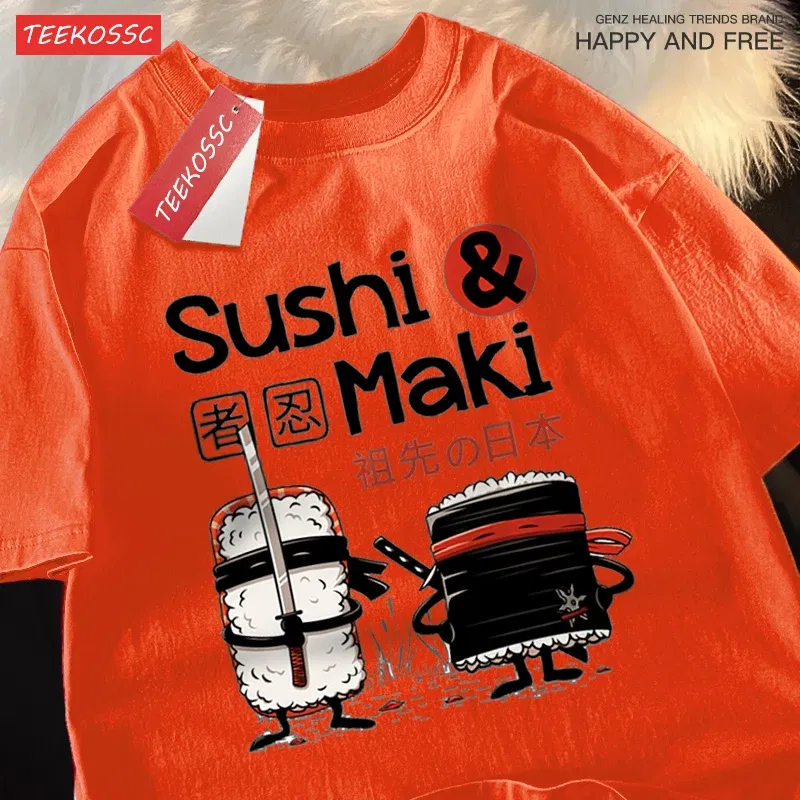 Color: Pink, Size: XXL - Theduc Sushi And Sushi Printing Men Women Tshirt Cotton T-Shirts Loose T Shirt Crewneck Loose Tops Fashion Clothes Unisex