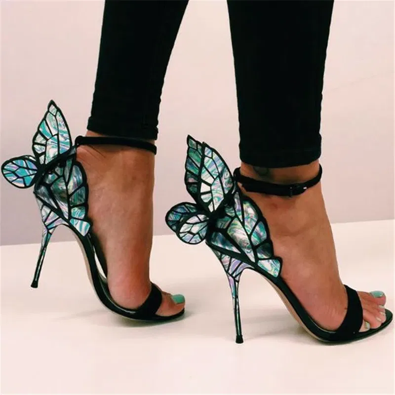 Color: Dark Grey, Shoe Size: 9 - Women Summer Sandals Fashion Embroidered Satin Butterfly High Heeled Footwear Adjustable Ankle Strap Shoes Women high heels