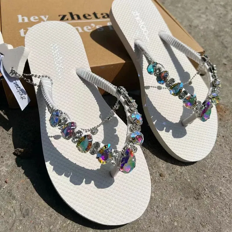 Color: Black, Shoe Size: 39 - Outdoor Leisure Flip Flops Women 2024 Summer Fashion Lady Beach Shoes Luxurious Rhinestone Embellished Women's Flat Slippers