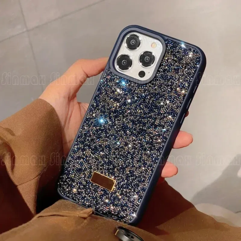 Color: Blue, Material: ABS - Luxury Glitter Designed Shell For iPhone 16 15 Pro Max 14 13 12  Luxurious Bling Sparkling Rhinestone Diamond Jewels Cover Case