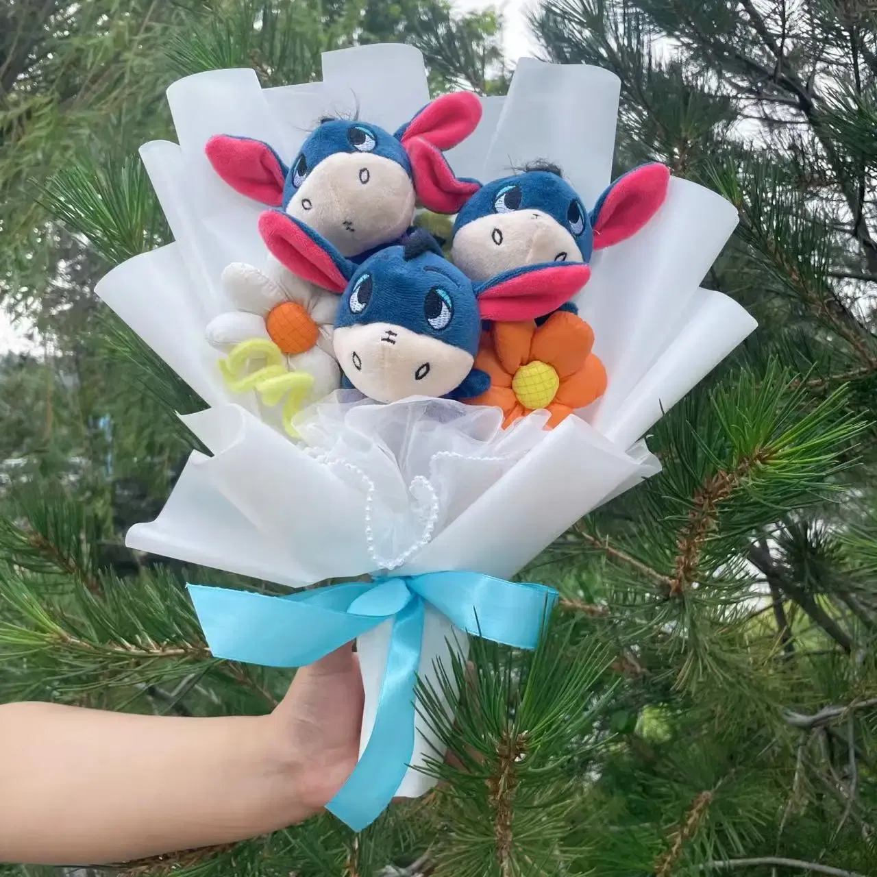 Color: light yellow - Cartoon Winnie the Pooh Plush Doll Toy Handmade Flower Bouquet Wedding Valentine's Day Christmas Graduation Gifts