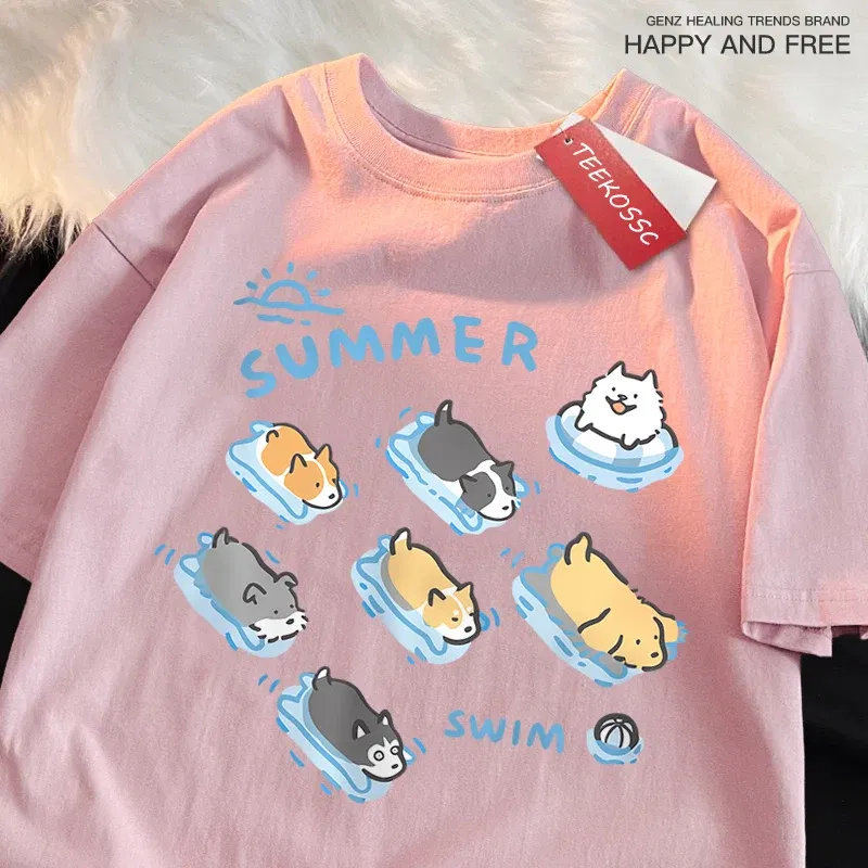 Color: black, Size: M - Fun Cat And Dog Swimming Japanese Style T-Shirt Female Casual Loose T-Shirts Summer Cotton Tops Fashion Breathable Tee Clothing