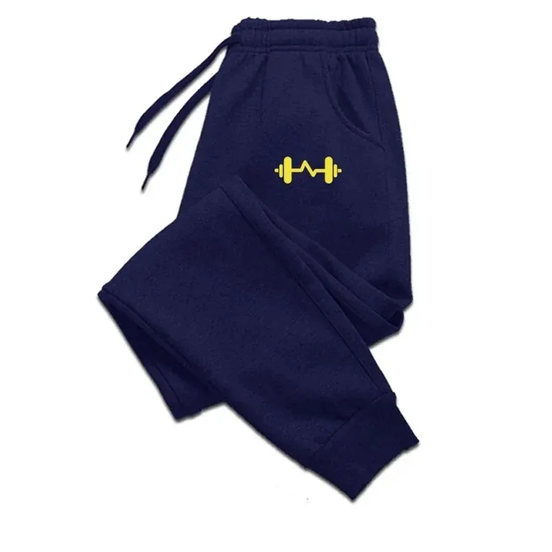 Size: XXXL, Color: dark blue - 2024 Barbell Printed Fleece Men's Trousers Autumn Winter Pants Fashion Drawstring Casual Male Sweatpants Jogging Sports Pants