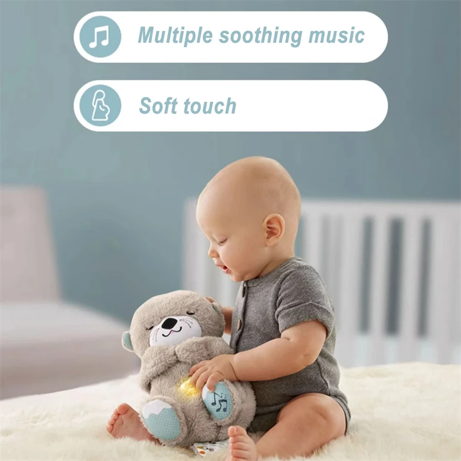 Color: GRAY - Breathing Bear Baby Soothing Otter Plush Doll Toy Baby Kids Soothing Music Baby Sleeping Companion Sound and Light Doll Toy Gift