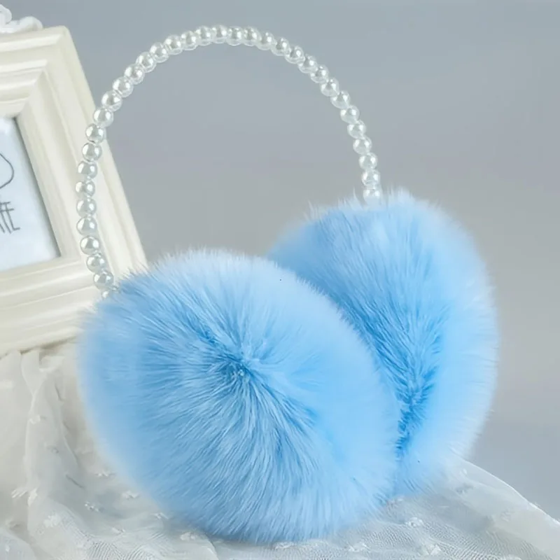 Color: Red - Faux Pearl Hoop Plush Headband Elegant Solid Color Fluffy Earmuffs Thick Coldproof Ear Warmer For Women Girls