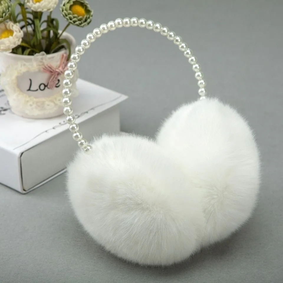 Color: Red - Faux Pearl Hoop Plush Headband Elegant Solid Color Fluffy Earmuffs Thick Coldproof Ear Warmer For Women Girls